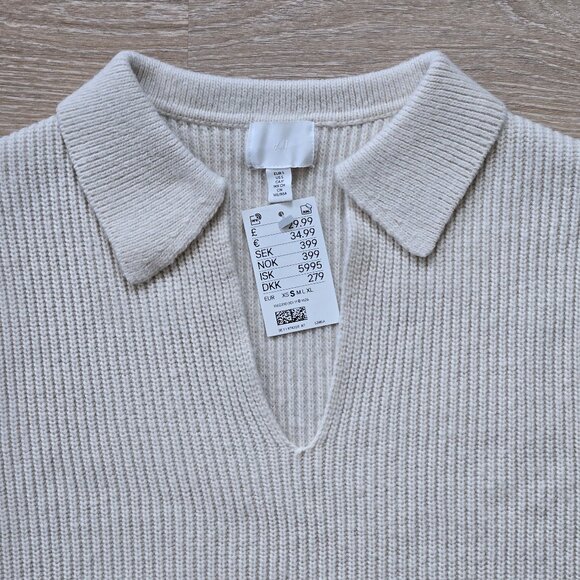 H&M Rib Knit Collared Sweater Long Sleeve Cropped Cream Size Small New With Tags - Picture 10 of 17